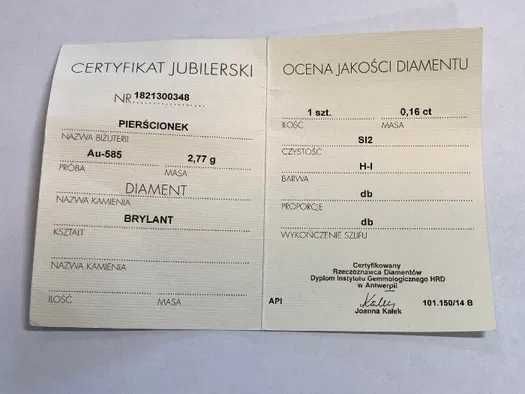 Złoty pierścionek APART z diamentem 14k 2,77g 0,16ct SI2 H-I roz. 14