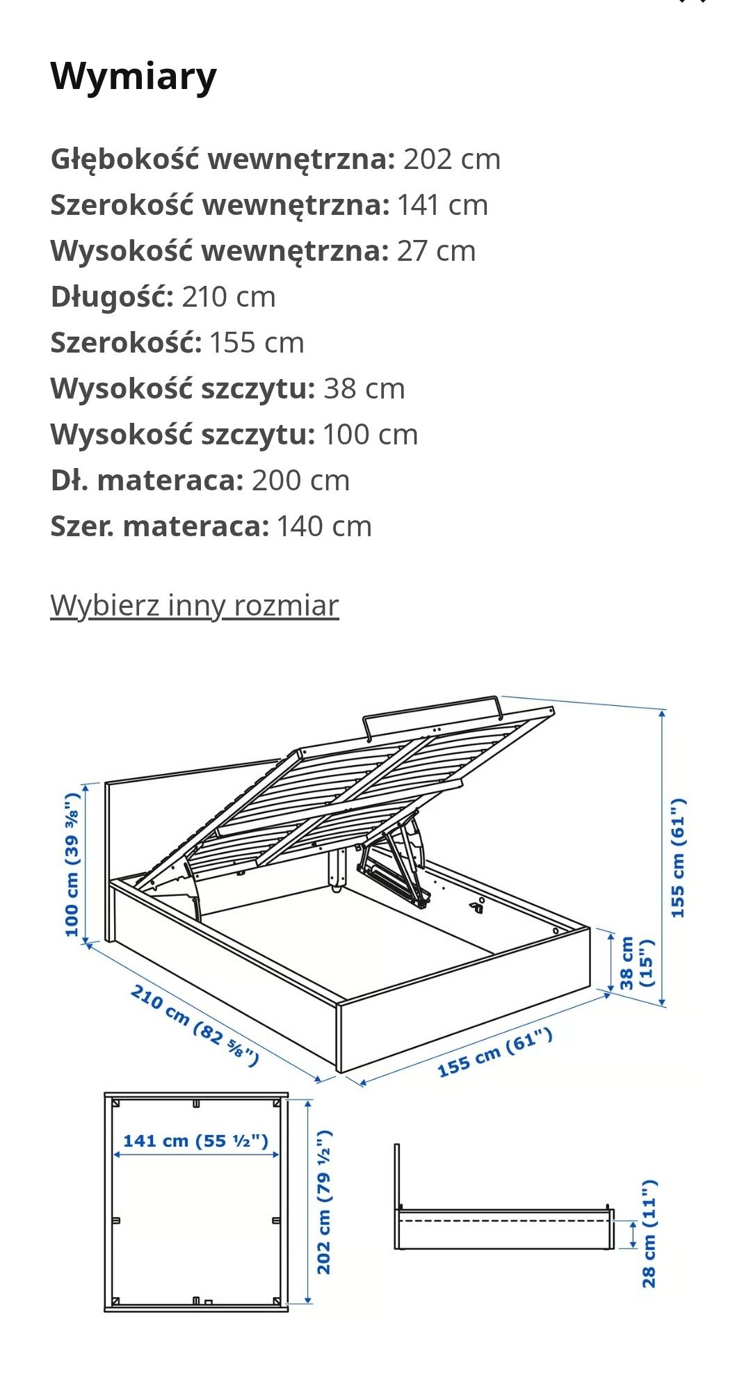 Łóżko z pojemnikiem Ikea Malm 140x200