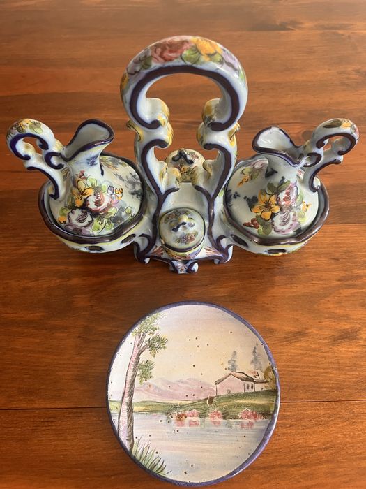 Galheteiro antigo com pintura manual em ceramica artistica de Alcobaça