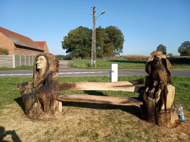 Ławka ogrodowa rzeźba indianin zwierzęta orzeł dębowa rzeźbiona