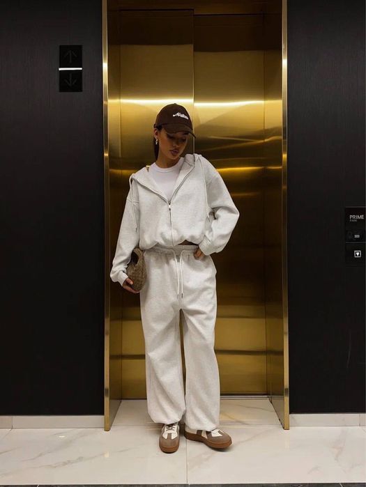 Женский костюм с начесом кофта с капюшоном и штаны прямые Серый меланж