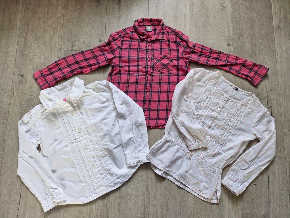 3x koszula długi rękaw elegancka biała kratka na guziki 122-128 zestaw