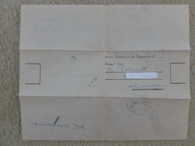 Documento antigo dos CTT - Aviso telefónico