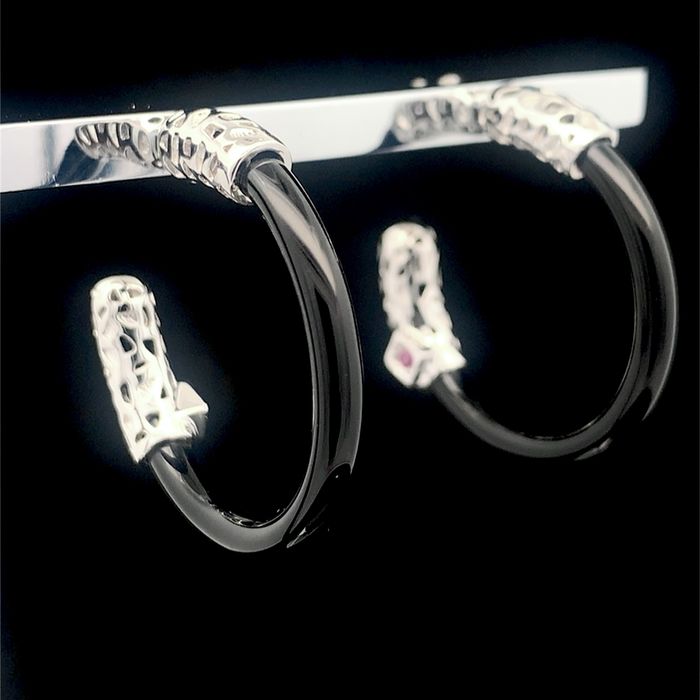 Nowe kolczyki z onyksem i rubinami, srebro 925, rodowane, paladowane