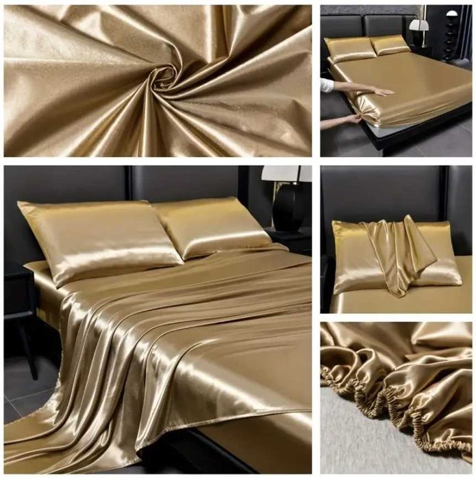 4 peças (lençol plano + lençol ajustável + 2 fronhas) de cetim Dourado