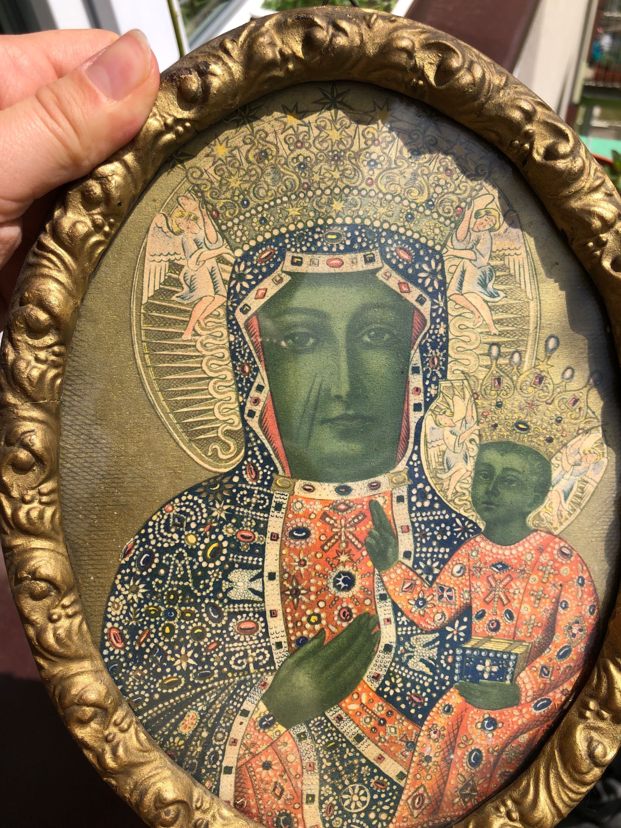 Stary obrazek Maryja owalny antyk
