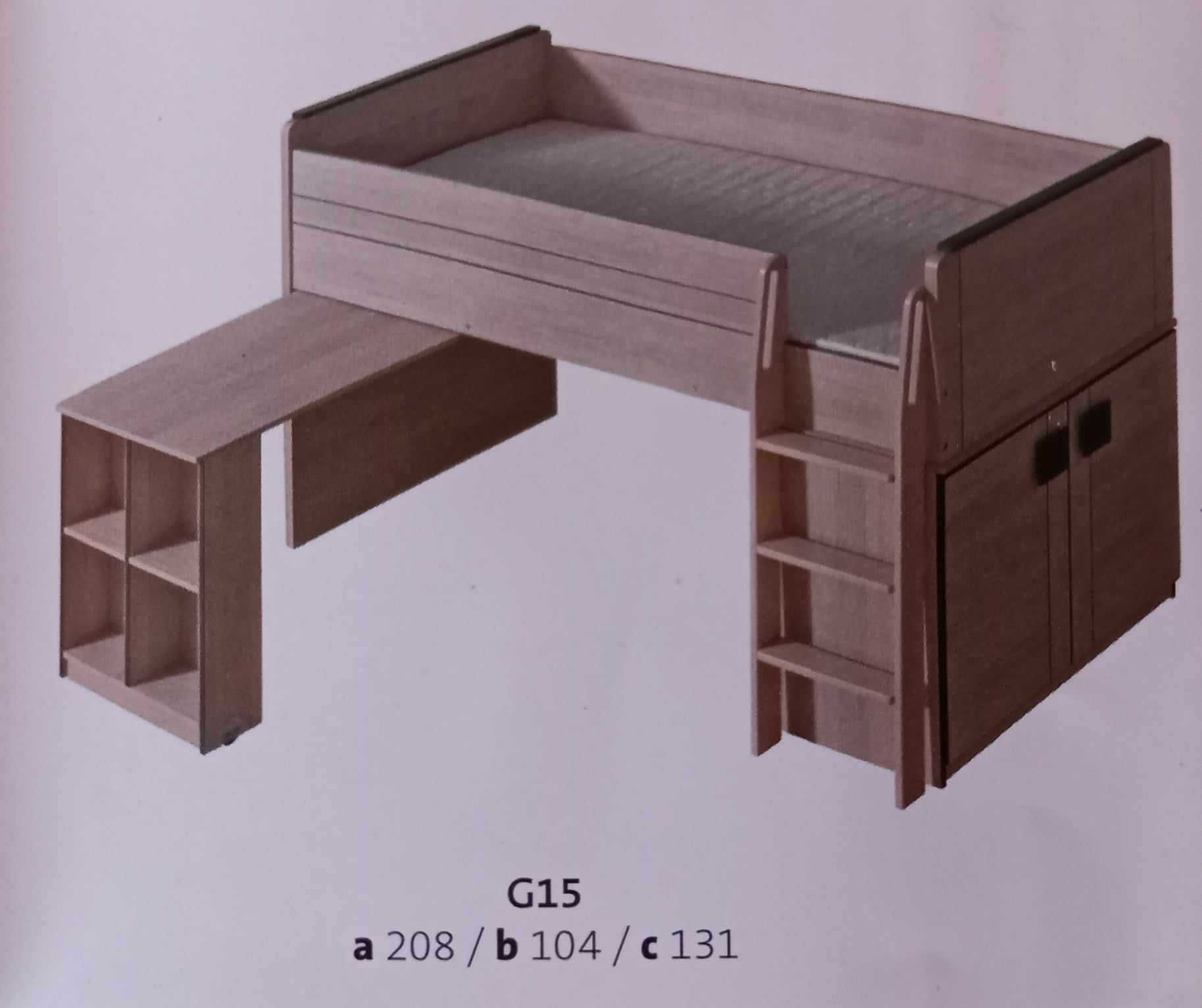 Łóżko z materacem, szafką i wysuwanym biurkiem.