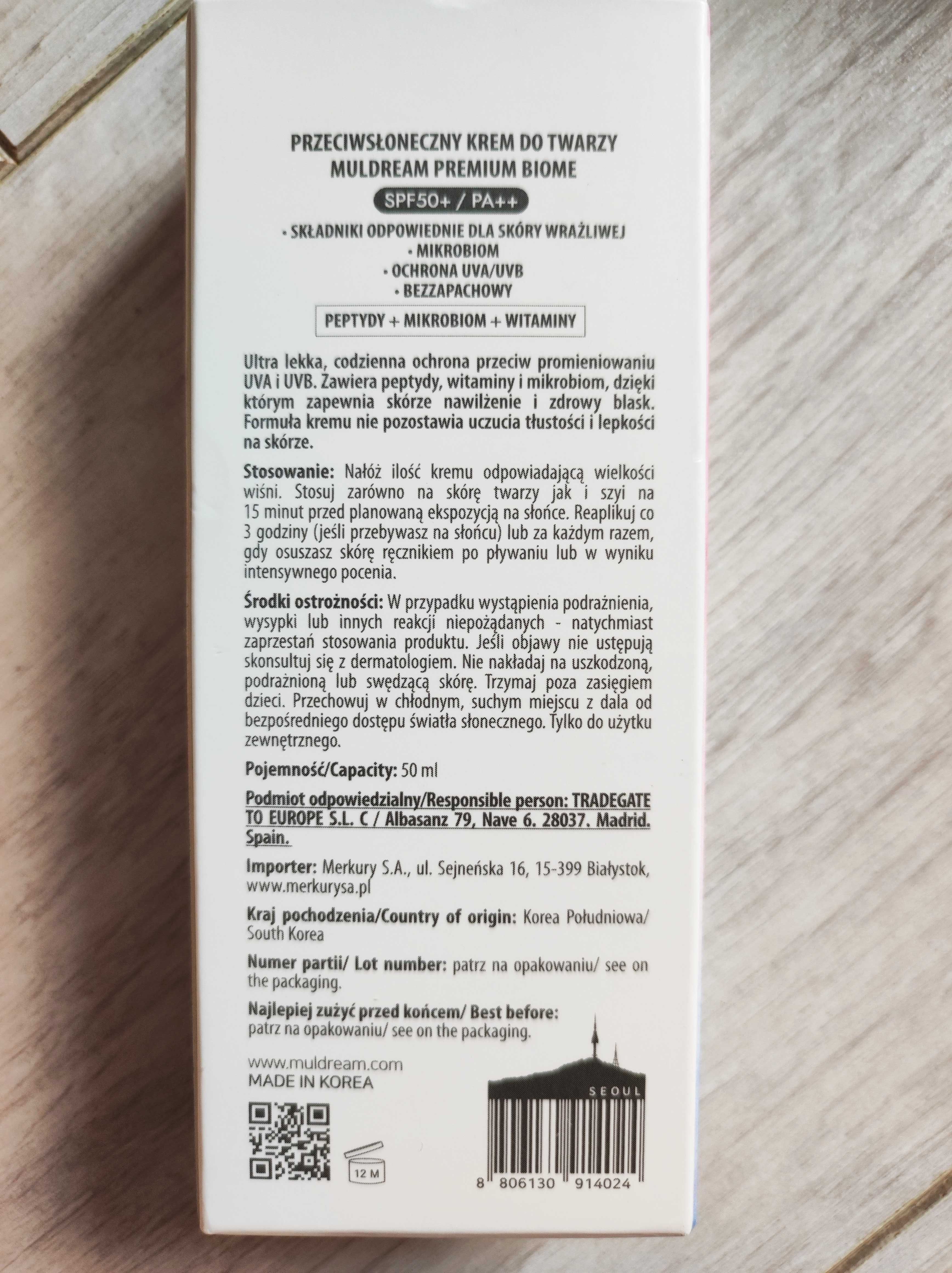 Muldream Premium Biome Koreański krem do twarzy z SPF50+/PA++