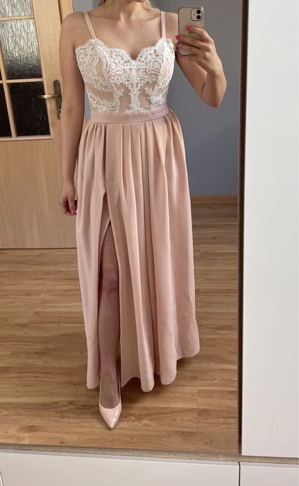 Sukienka na wesele z koronka Loola pudrowy róż