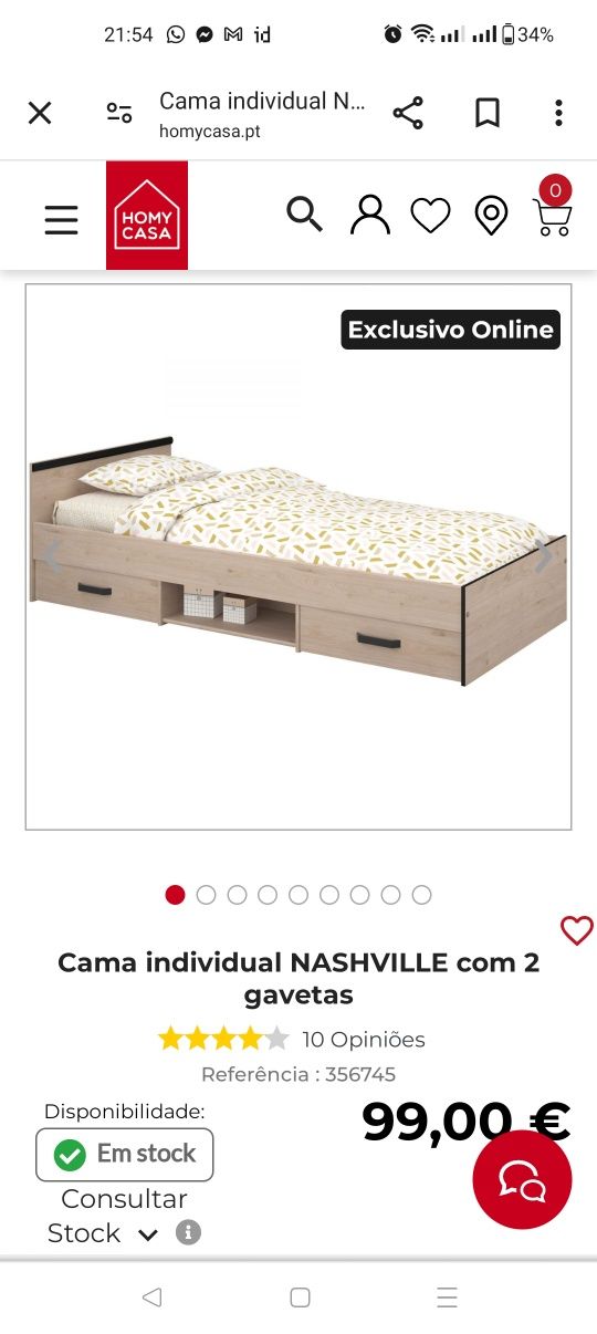Vendo cama NASHVILLE 90x200, com estrado e colchão viscoelástico de 19
