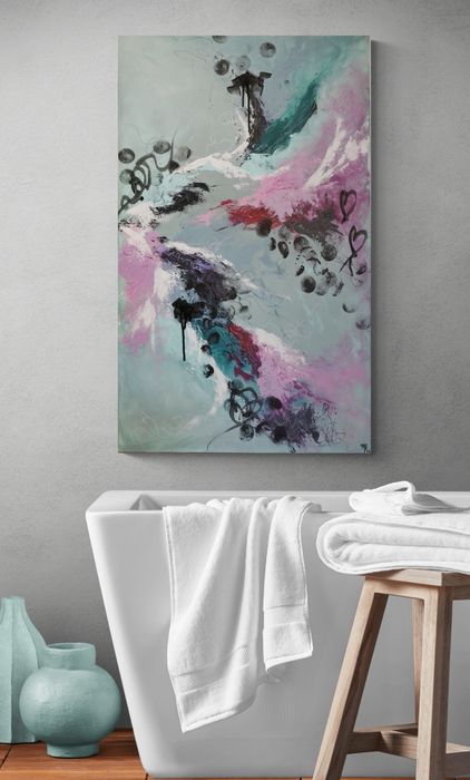 Quadro em tela original em acrílico, tons verde e rosa