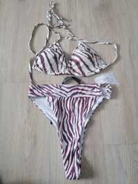 Strój kąpielowy dwuczęściowy S 36 M bikini zebra brąz wycięty wysoki