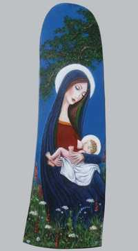 Ikona "Maryja karmiąca" unikalna ikona na dębowej desce akryl