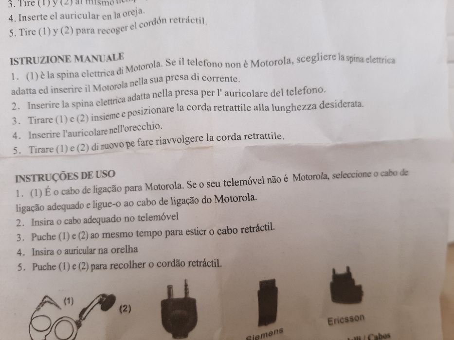 Cabos ligação auricular para Motorola,Nokia,Siemens e Ericsson.