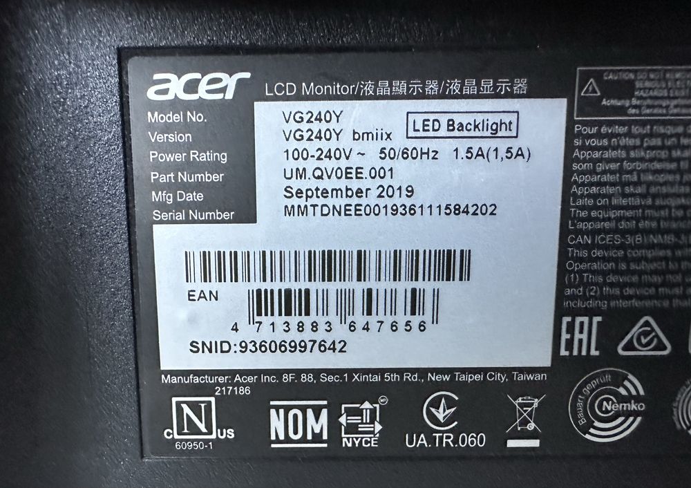 Monitor Acer Nitro LED 24” VG240Y bmiix 75hz