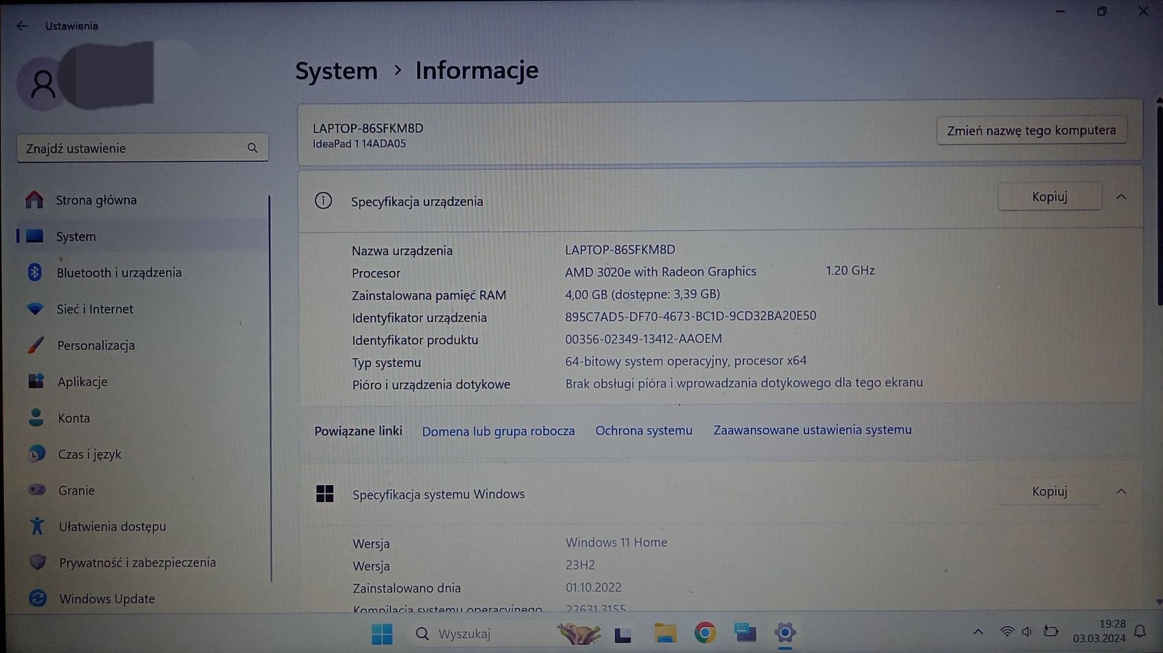 Laptop Lenovo IdeaPad 1 14ADA05 14" 4/128 SSD