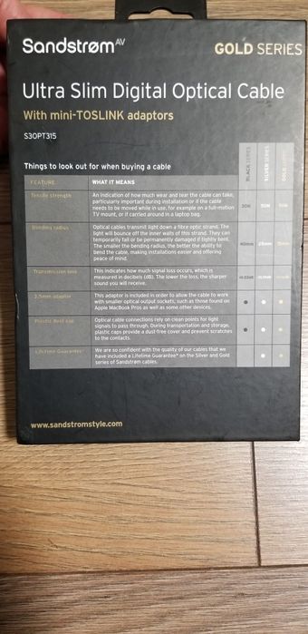 Цифровий оптичний кабель Sandstrøm Ultra Slim Gold Series