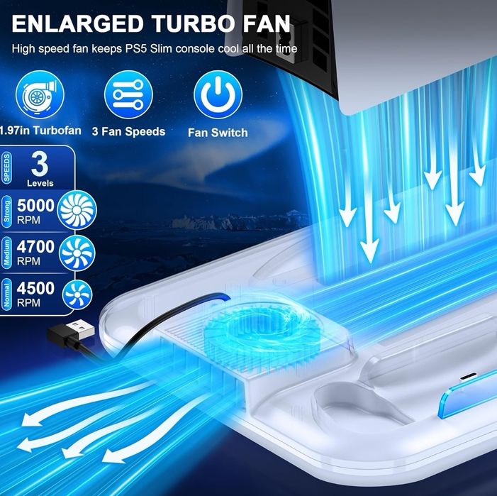 Stojak na PS5 Slim, stojak na PS5 z 3-stopniowym chłodzeniem wentylato