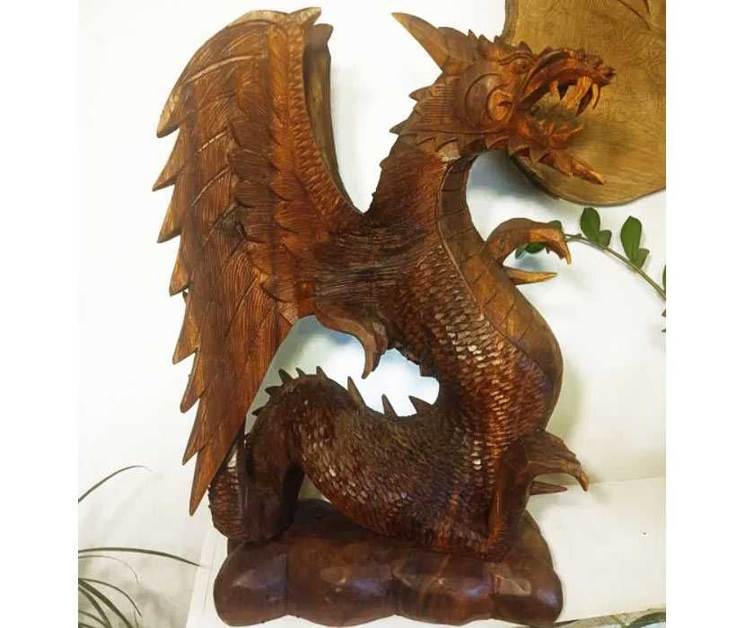 Wielki drewniany Smok, rzeźba rękodzieło 63 x 40cm Figura Smoka XXL