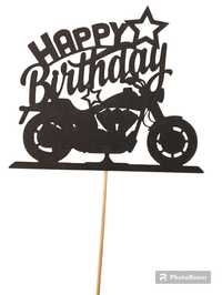 Czarny Topper na tort Happy Birthday motocykl motor