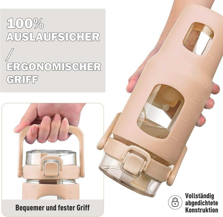 HYDRAGLAZIC Szklana butelka na wodę 960ml z pokrywką słomką