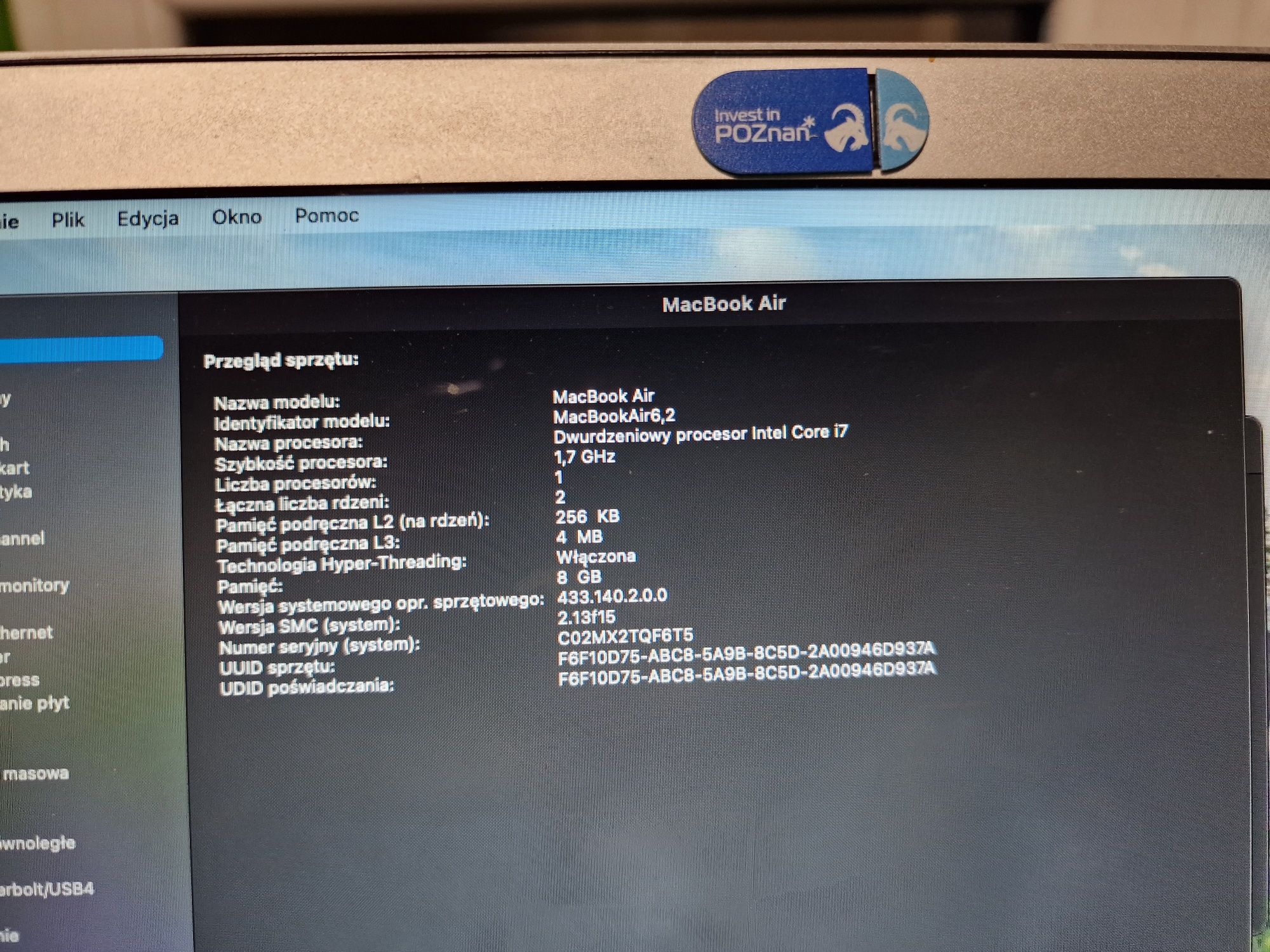 Macbook Air 6,2 8Gb RAM 256gb pamięci BigSur i7 a1466 17 cykli 13