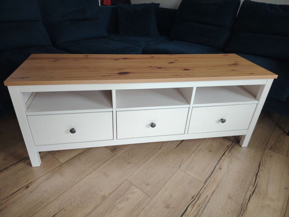 HEMNES Szafka pod TV, biała bejca/jasnobrązowy, 148x47x57 cm