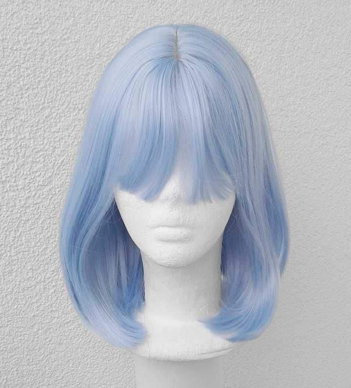 Błękitna niebieska krótka peruka z prostą grzywką bob cosplay wig