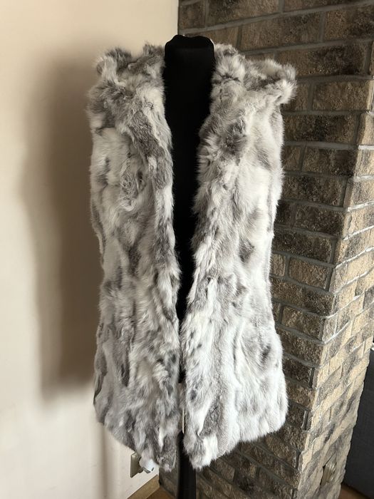 Biała szara gruba ciepła kamizelka futro z królika futro naturalne L