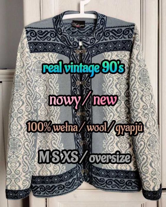 M S XS oversize wełniany kardigan vintage folk hippie norweski petite