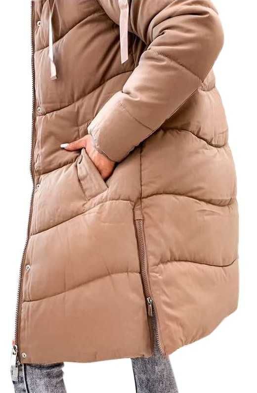 Pikowana puchowa zimowa kurtka płaszcz CAMEL jenot  futro zamki S