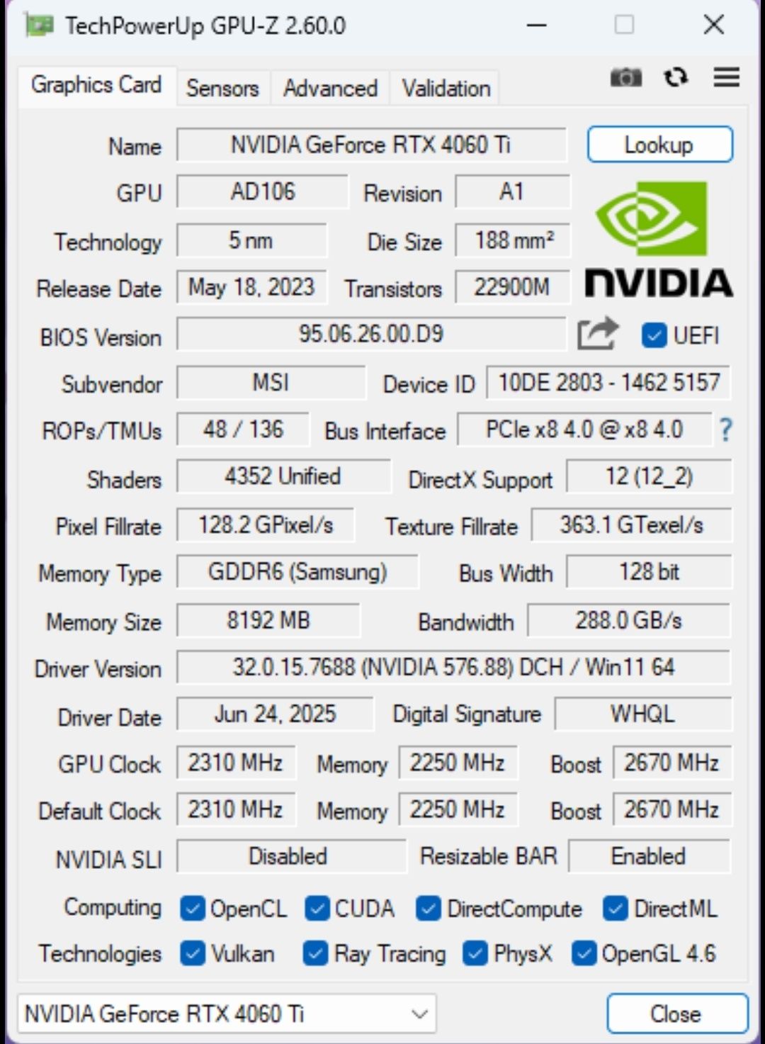 Відеокарта MSI RTX4060 TI 8GB