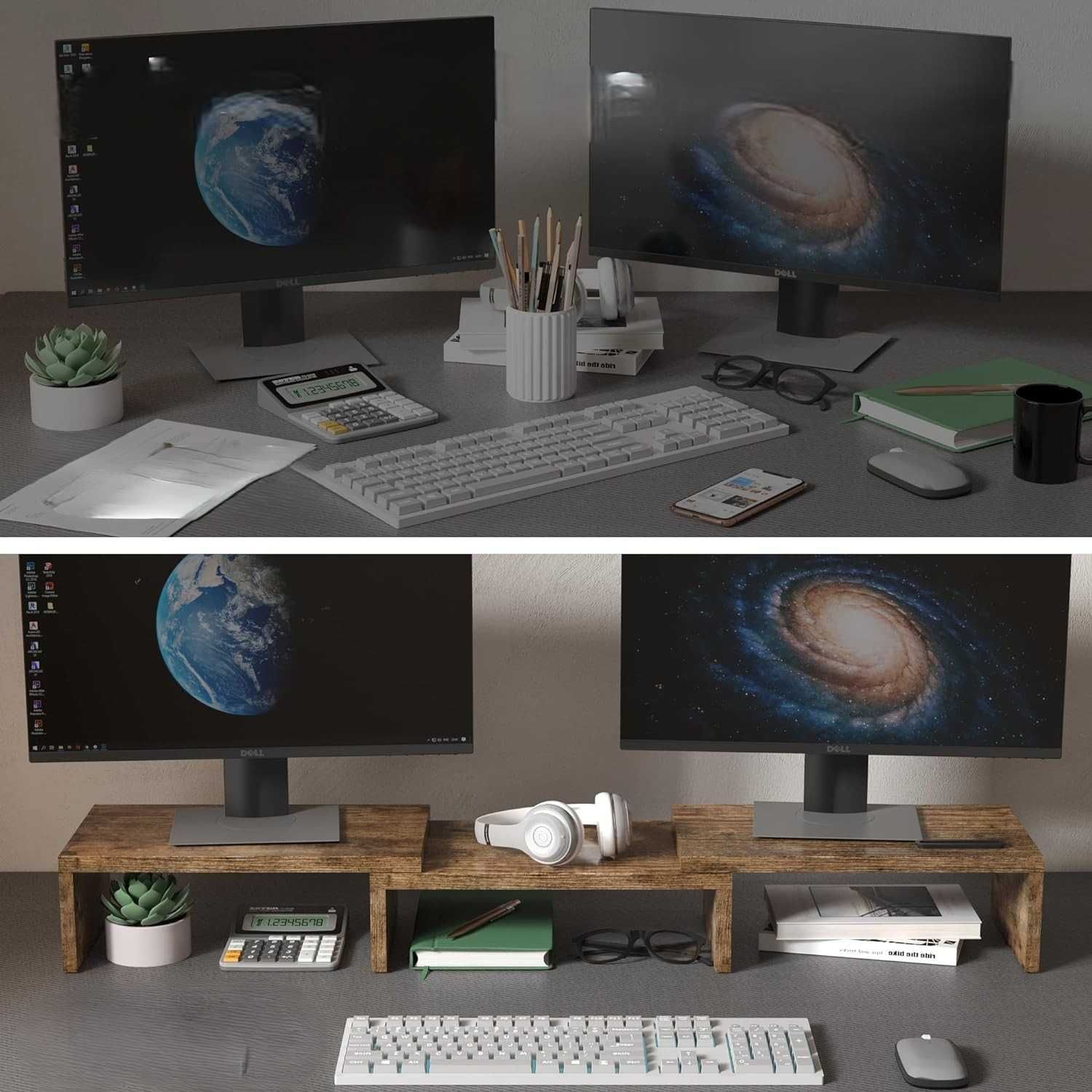 BONTEC Podwójny Stojak na Monitor z Organizerem, Brązowy