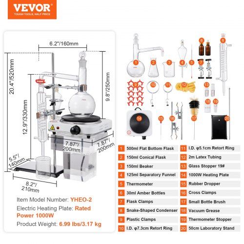 Kit de destilação de óleo essencial , aparelho de destilação de 500ml,