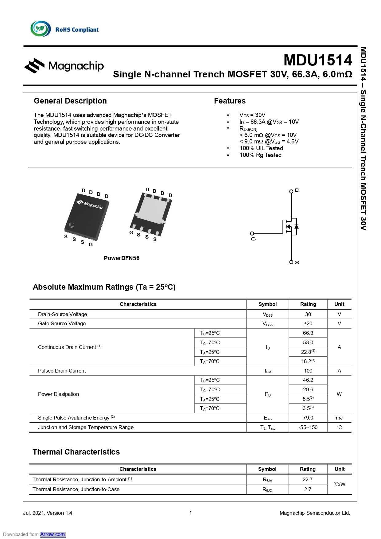 Микросхема триод MDU 1514 N-Triode 30V, 66.3A, 6.0mΩ