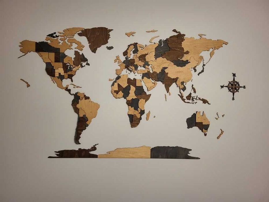 Mapa Świata 3D drewniana 210x126cm, 3 kolory, pomysł na prezent