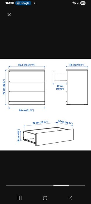 Cómoda Malm com 3 gavetas 80x78