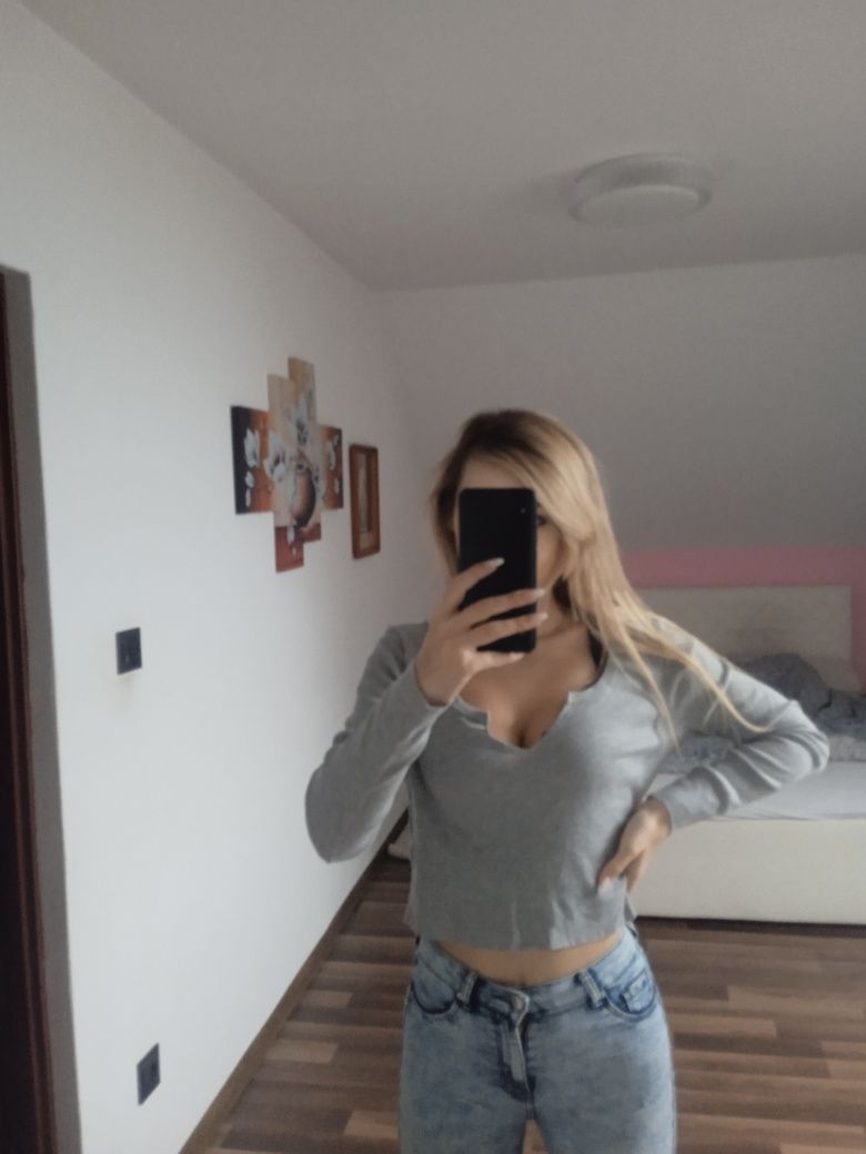 Szary crop top dekolt łódka bluzka bluza sweter sweterek bawełna S M L