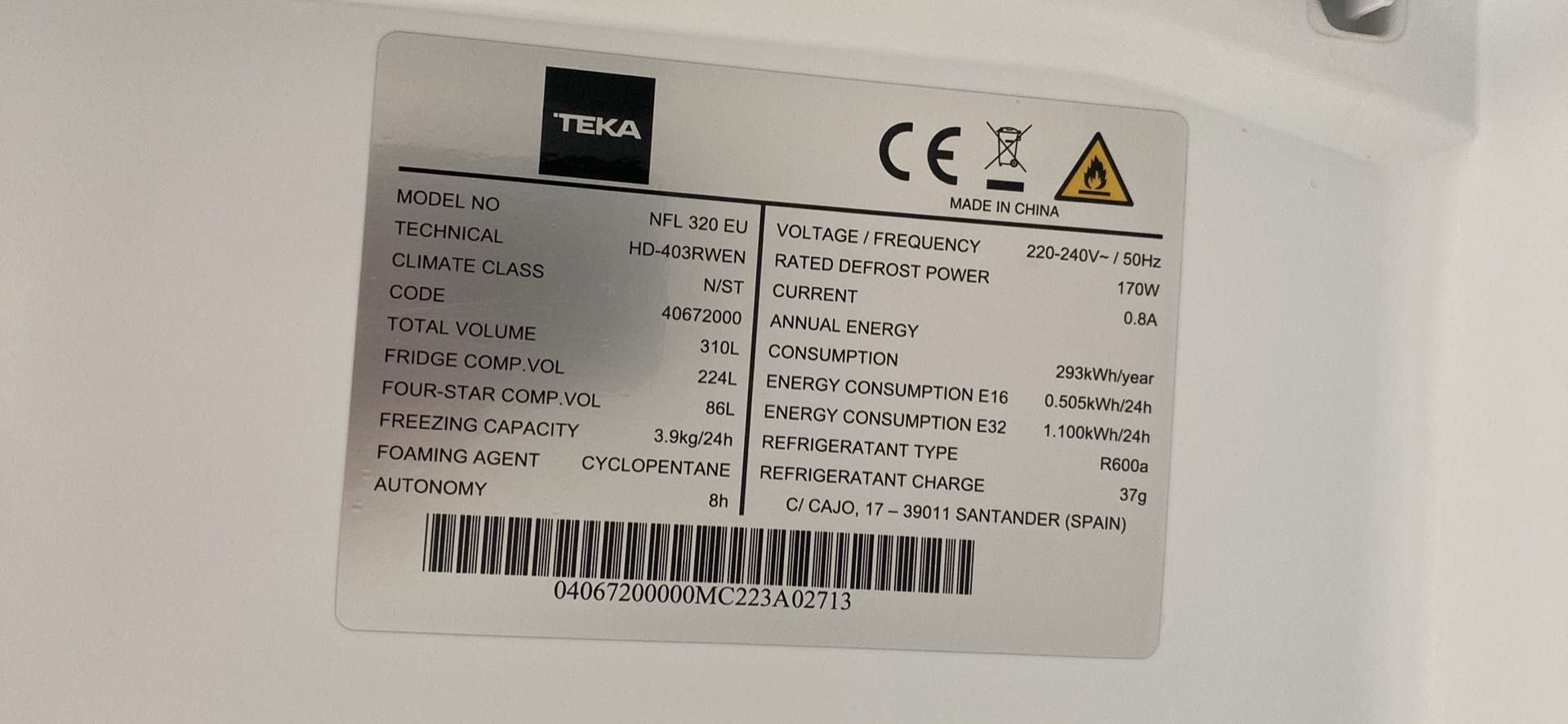 Refrigerador TEKA 310L