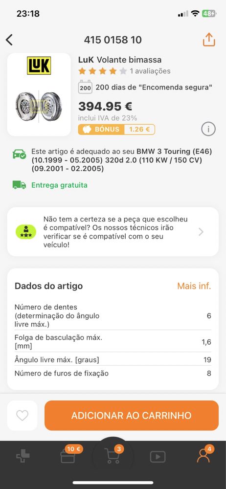 Kit Volante Bimassa LuK  - BMW 3 (E46) 320 d 150cv. Caixa 5vel.