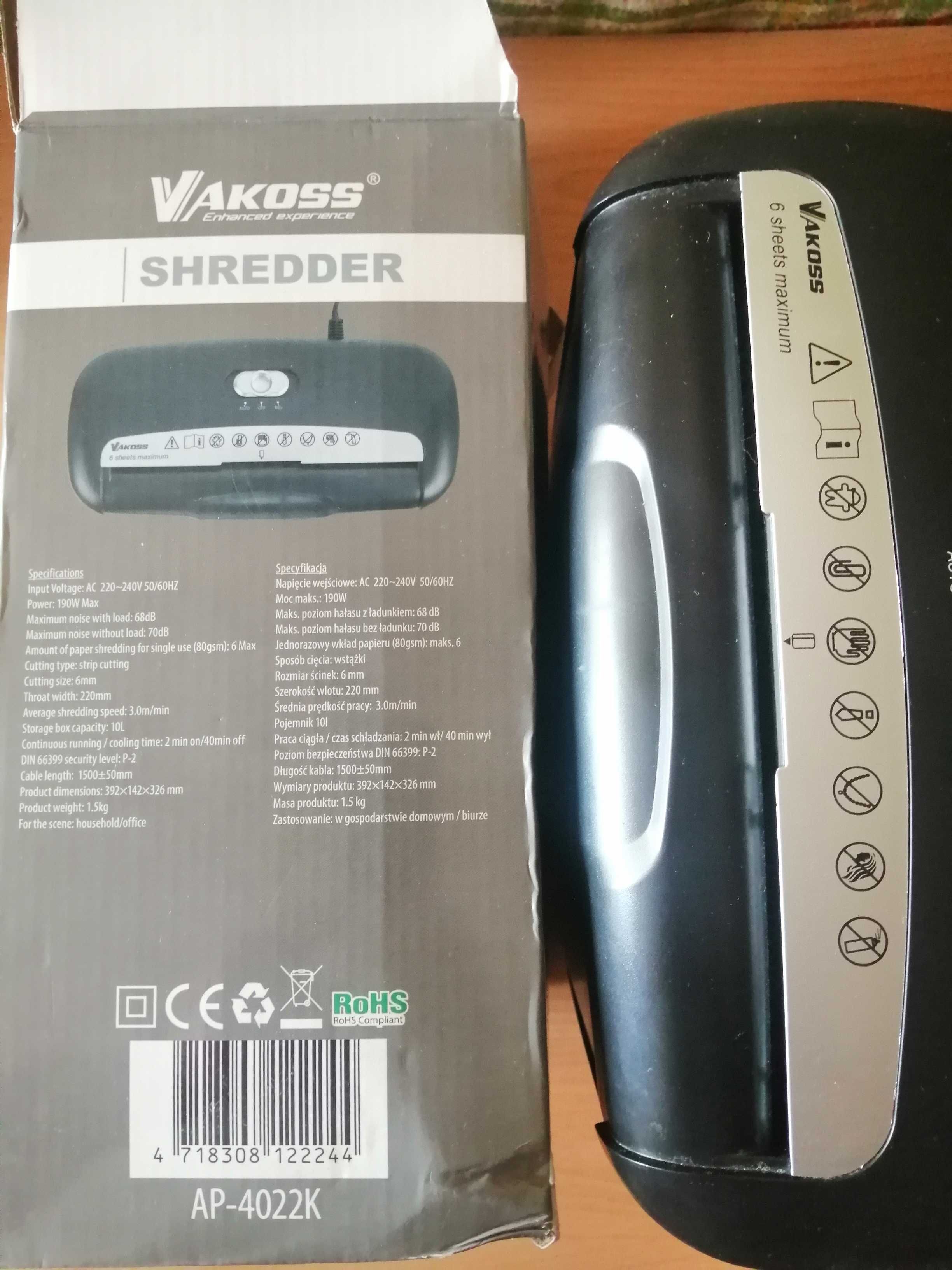 Niszczarka do dokumentów  Vakoss  AP-4022K + gratis