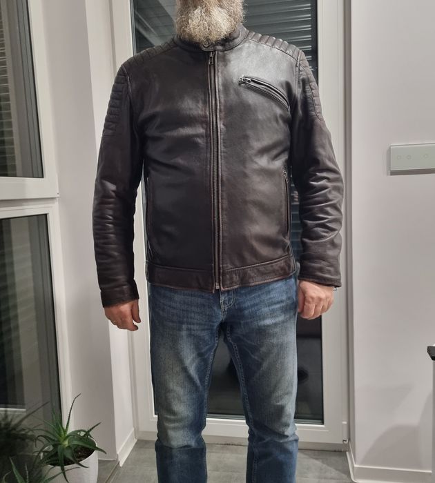 Skórzana kurtka motocyklowa, męska, brązowa skóra, rozmiar L/XL,