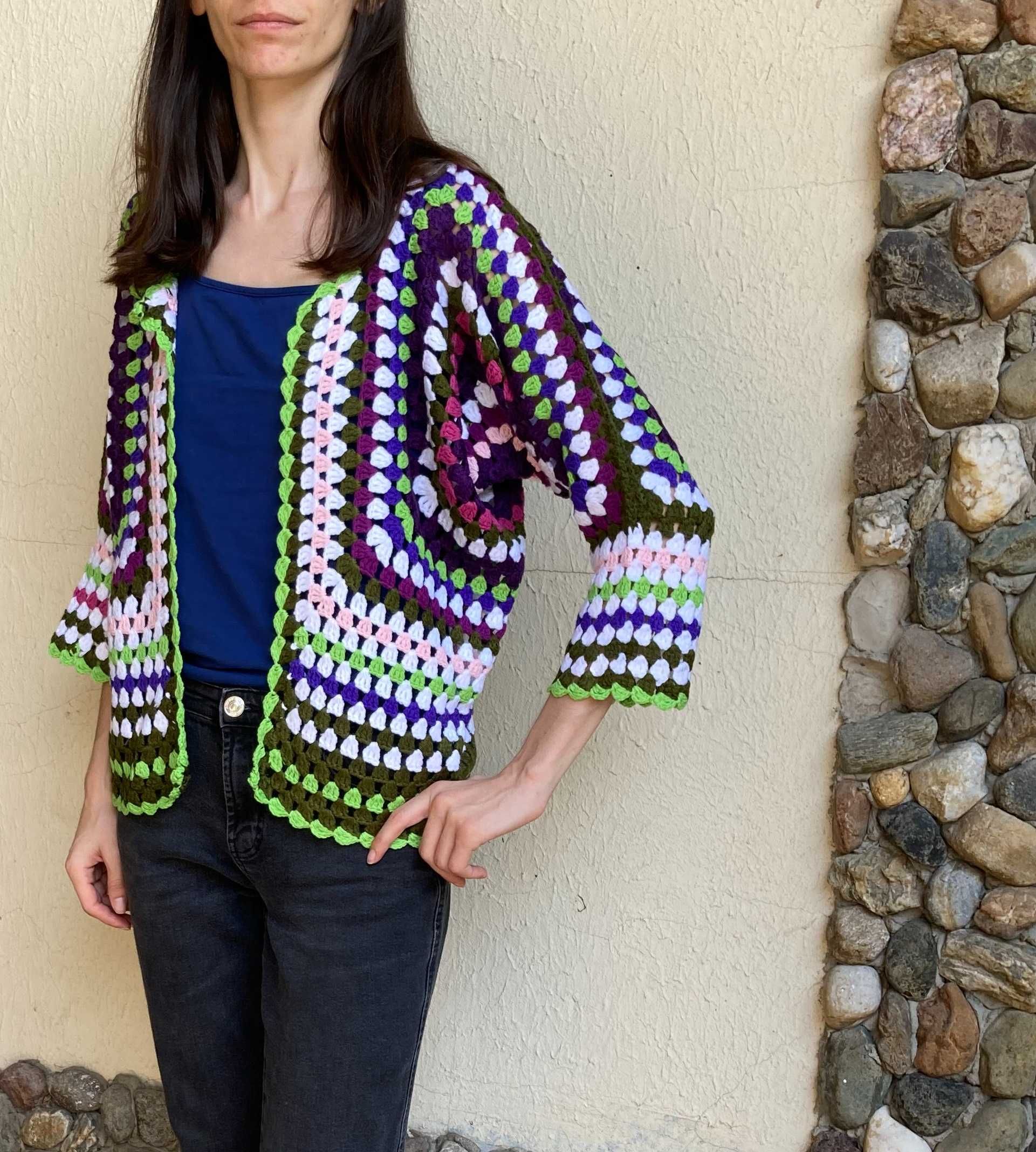 Casaco Mulher Cardigan Crochet feito a mao / roxo, cor de rosa, verde