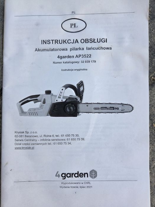 Pilarka / piła łańcuchowa 4garden AP3522 + 2xAKU 4Ah + ładowarka