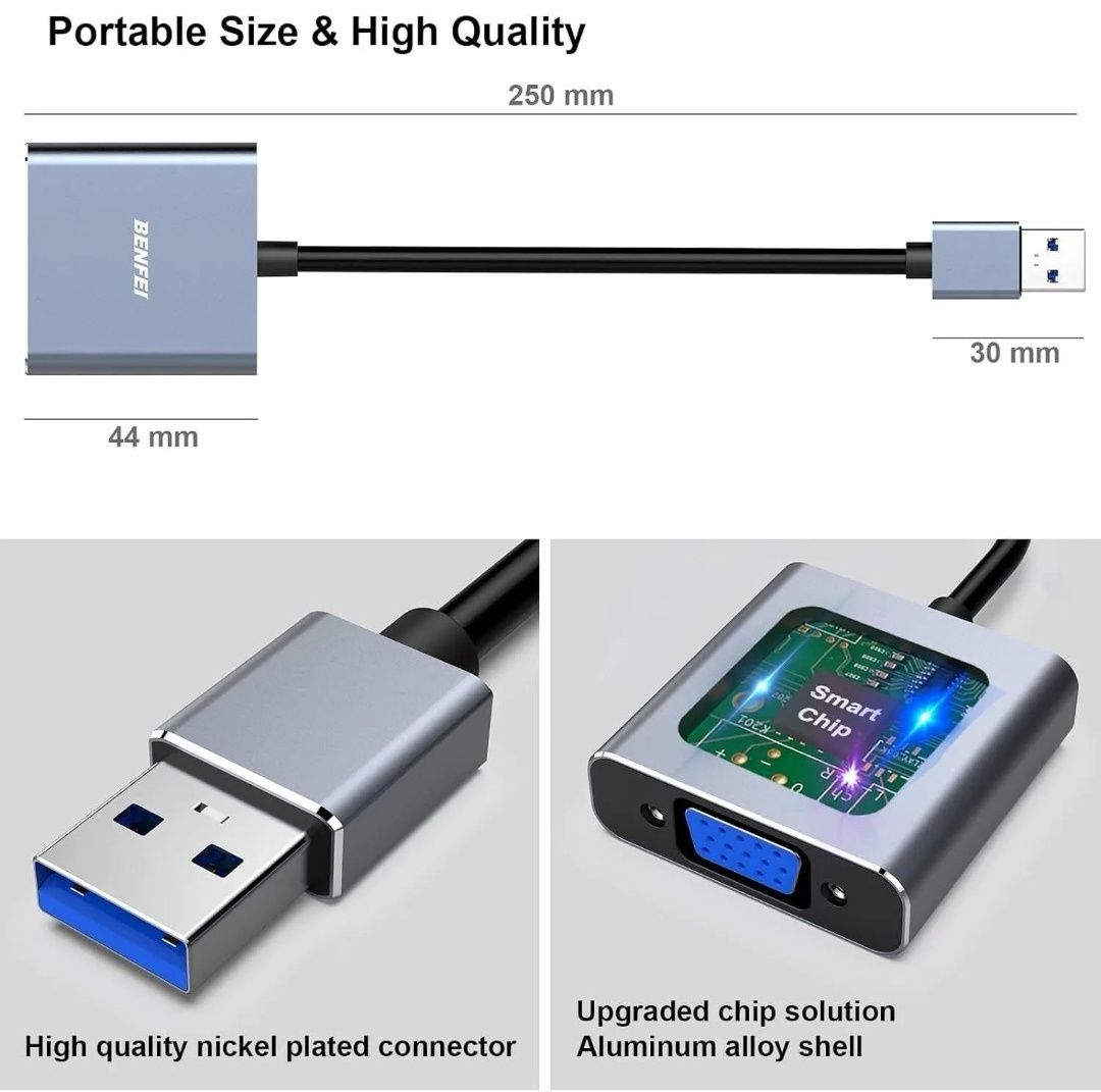 BENFEI Adapter USB 3.0 na VGA, adapter USB 3.0 na VGA męski