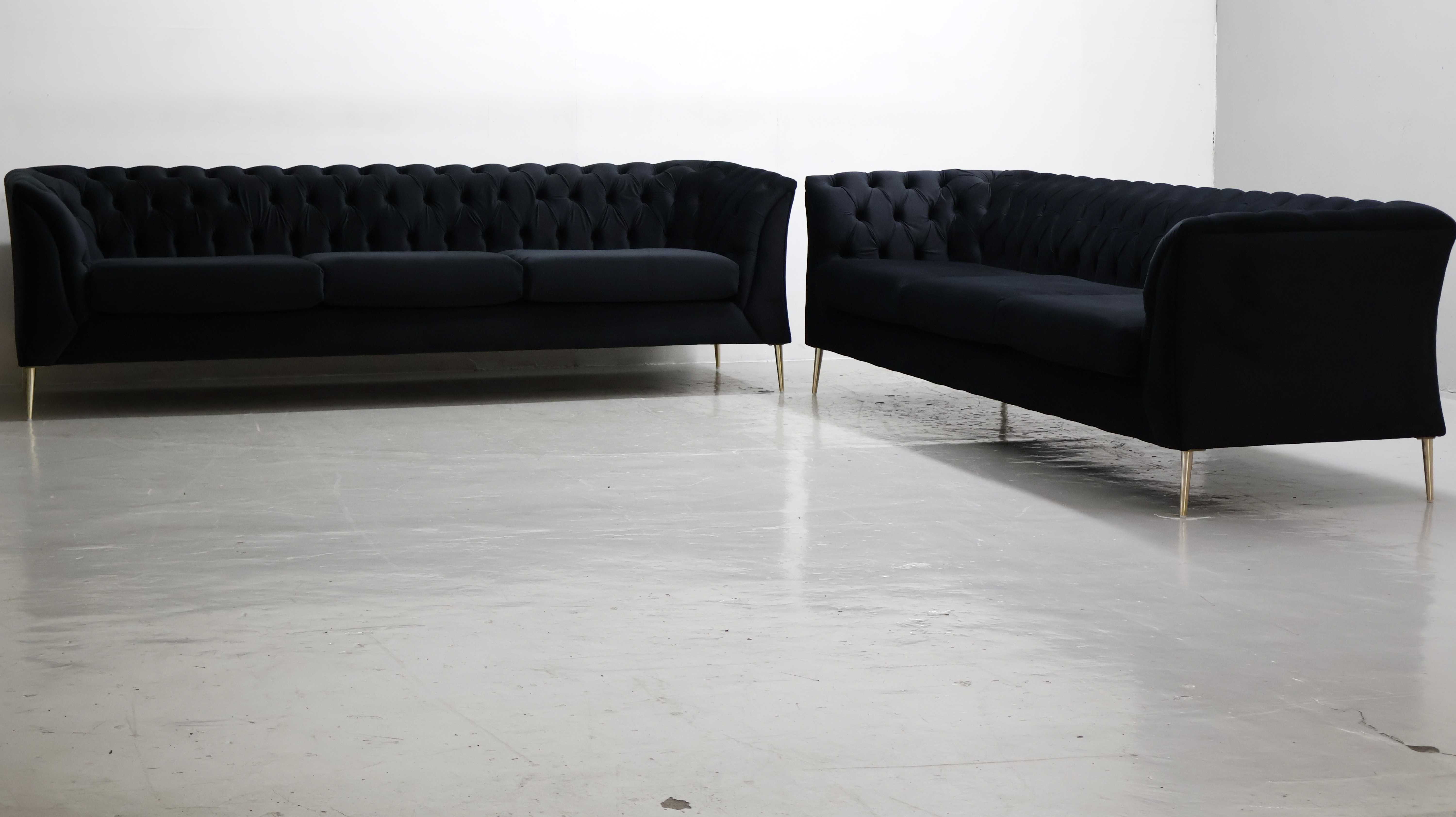 STY DESIGN WIELKA SOFA 3+3 kanapa czarny welur złote nogi zestaw kompl