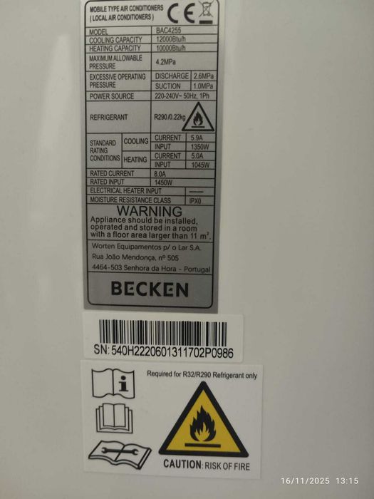 Ar Condicionado Portátil BECKEN BAC4255 (23 m² - 12000 BTU - Branco)