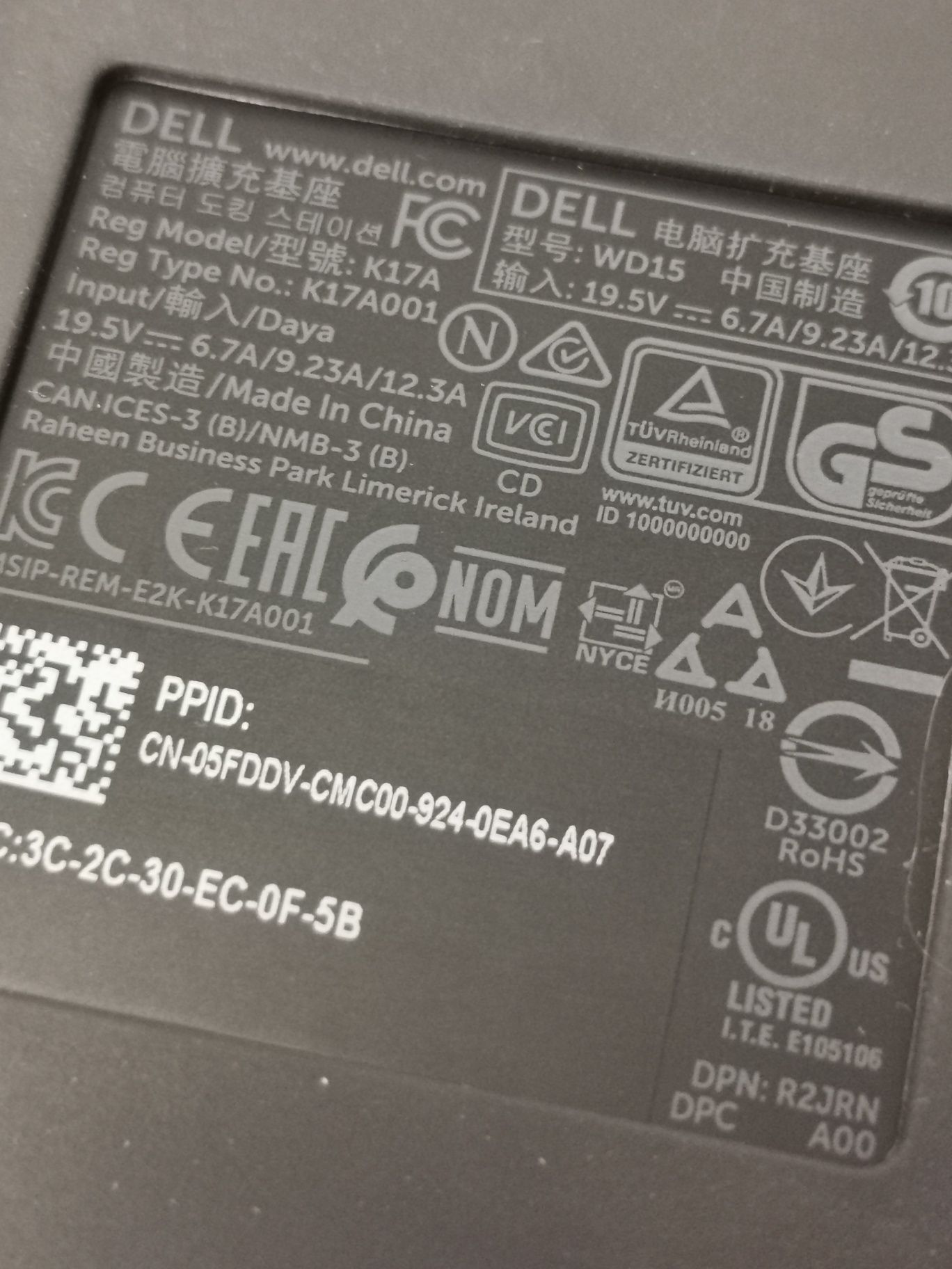 DELL stacja dokująca WD15 K17a plus zasilacz 180w