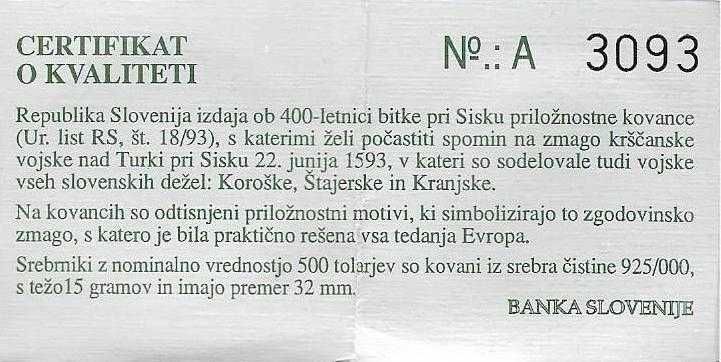 Eslovénia - - - "Batalha de Sisek" - - - - - Moeda de Prata