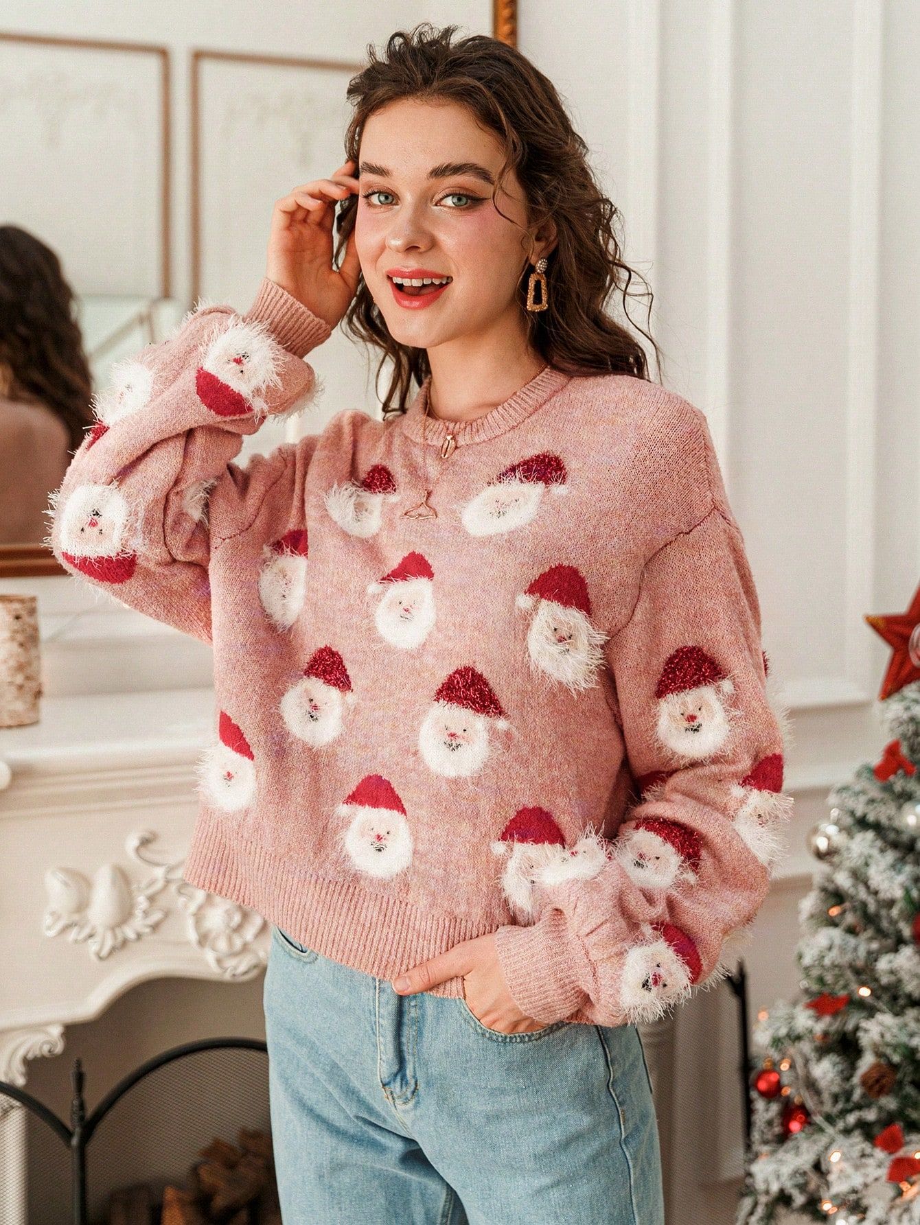 Sweterek Świąteczny Oversize W Mikołaje Różowy Shein L 40